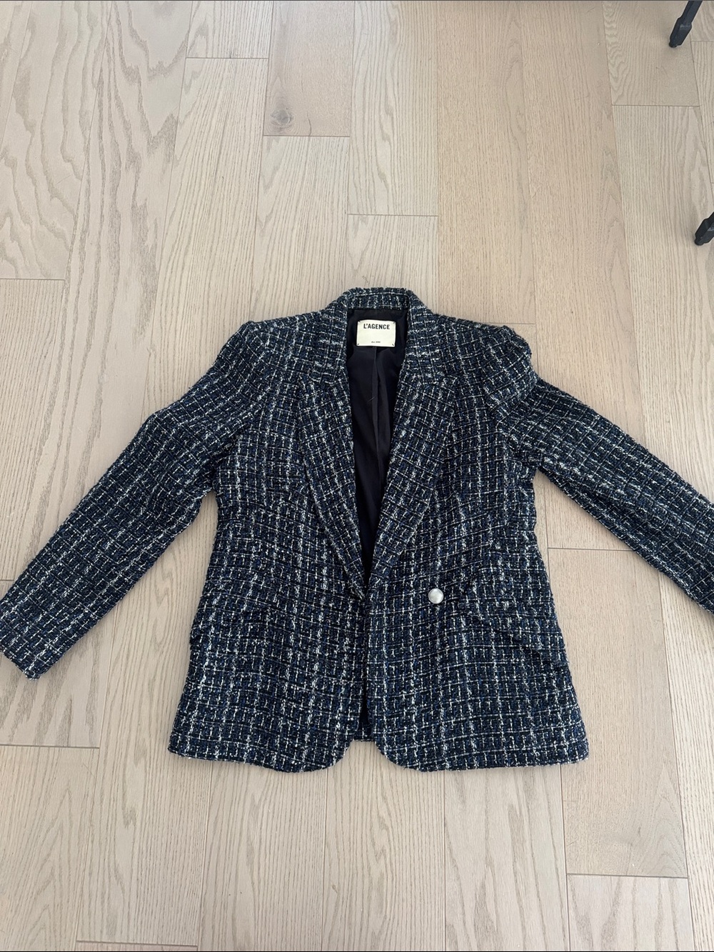L'AGENCE Navy and White Tweed Blazer with Pearl Button